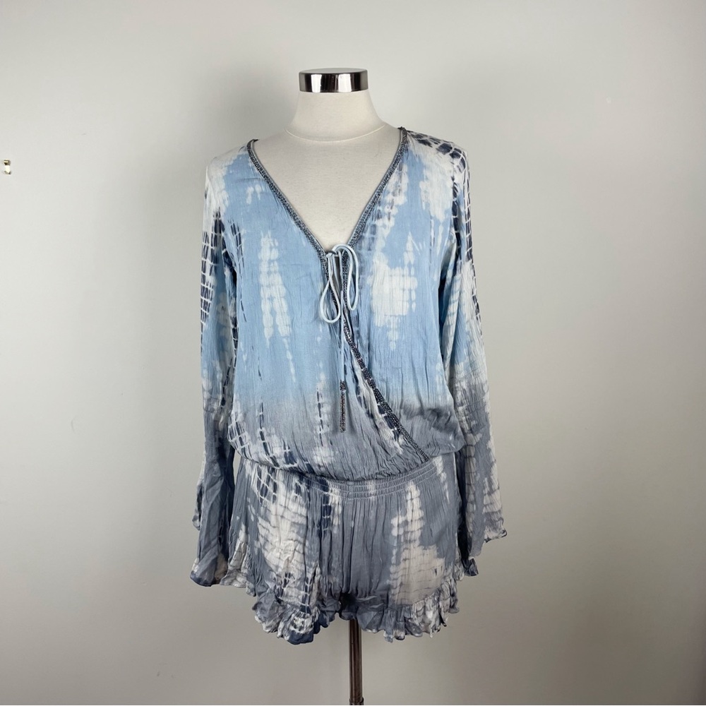 Surf Gypsy Blue White Tie Dye Long Bell Sleeve Romper Shorts Boho Bohemian